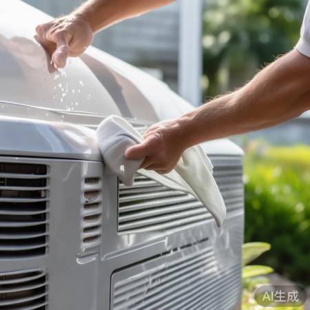 空调外机擦拭完毕，螺丝拧回。