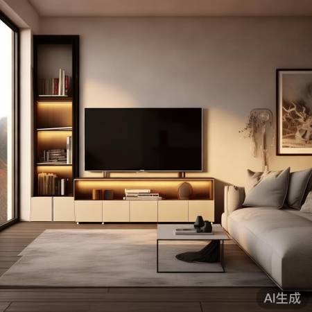 L形布局电视墙，拐角放置，储物