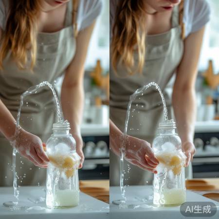 奶瓶轻刷，热水冲洗，白醋残留净