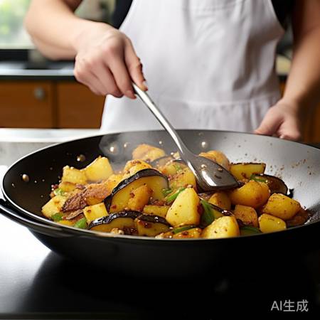 炒茄子土豆青椒，生抽老抽调味。
