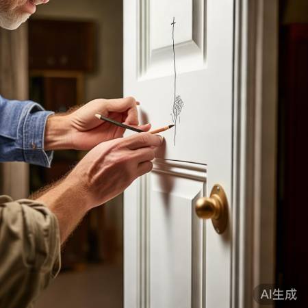 门把手旁,门框上方,铅笔划轮廓