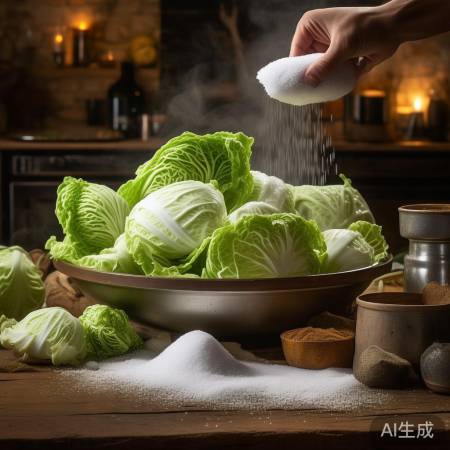 粗盐腌制白菜，保存时间更长。