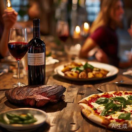 红酒适量，美食相伴，健康生活。