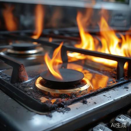 燃气灶面板焦黑，明显烧焦。