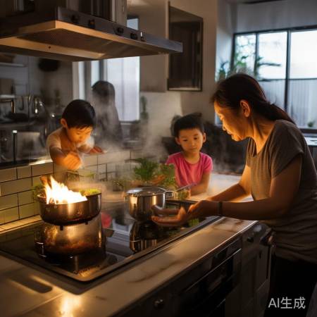 集成灶靠炉灶，门紧防油烟飘。